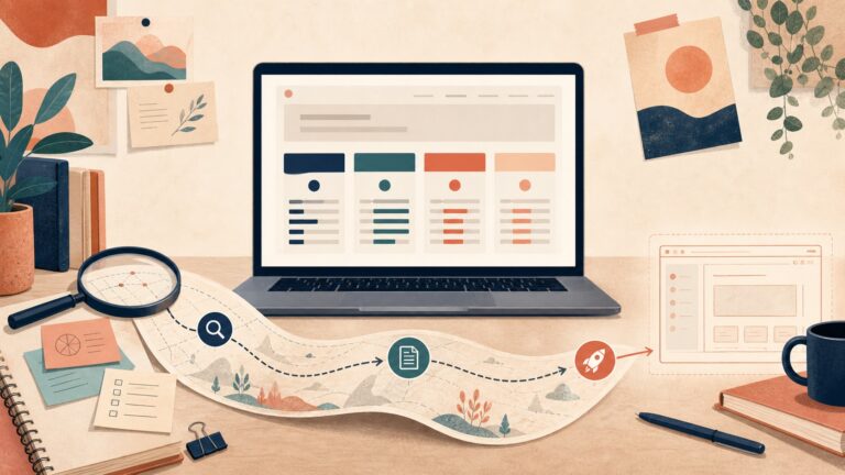 An editorial illustration of a comparison page leading from search research toward a future product
