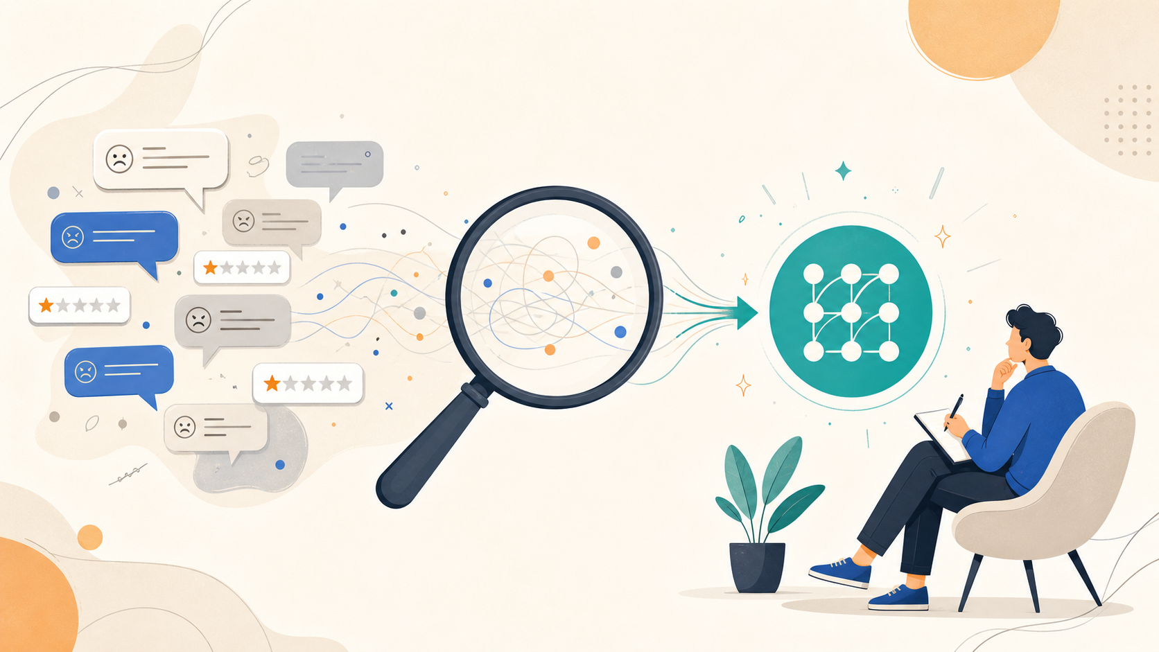 Customer complaints flowing through a magnifying glass into a repeated SaaS problem pattern.