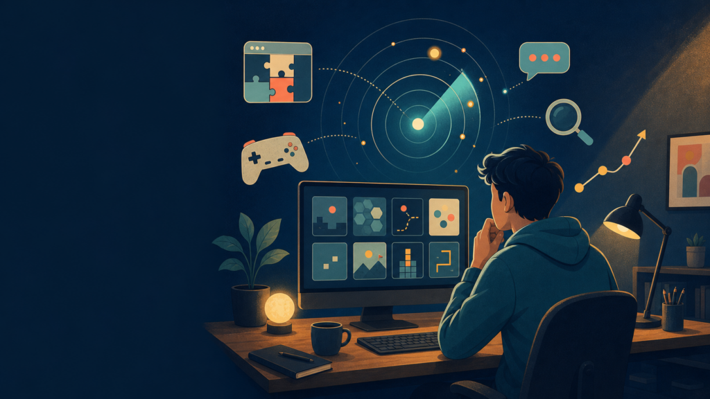 Editorial illustration of a website builder using a radar of game, community, and search signals to find a new game website opportunity.