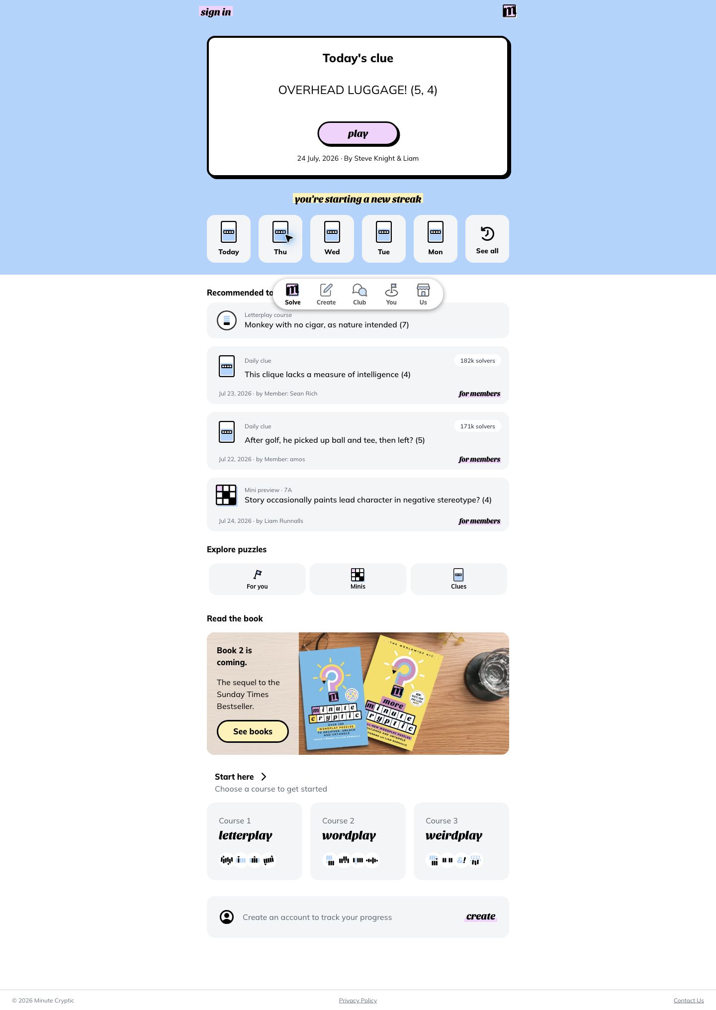 Minute Cryptic daily puzzle page showing a single clue, play button, streak, and recommended puzzles.