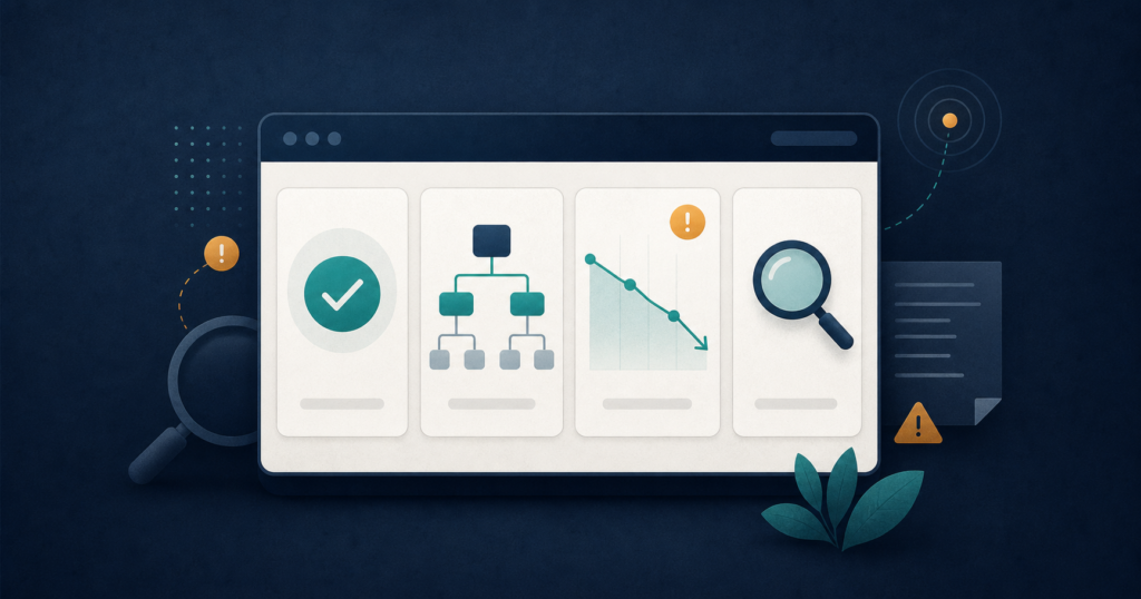 Illustration of four Search Console signals for diagnosing indexing and traffic issues