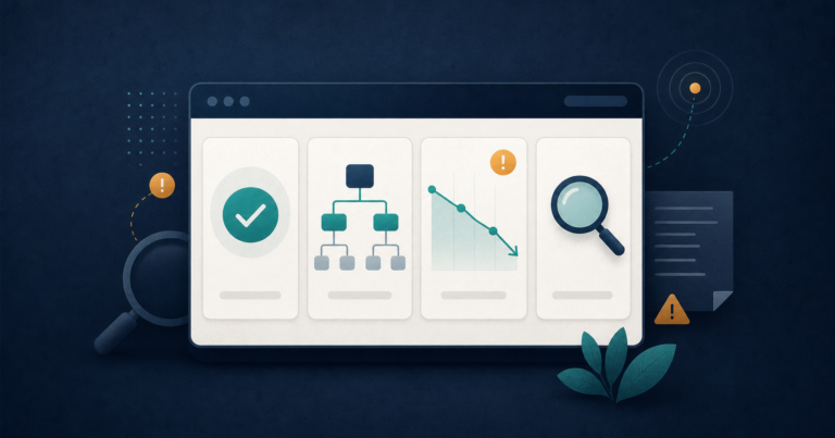 Illustration of four Search Console signals for diagnosing indexing and traffic issues