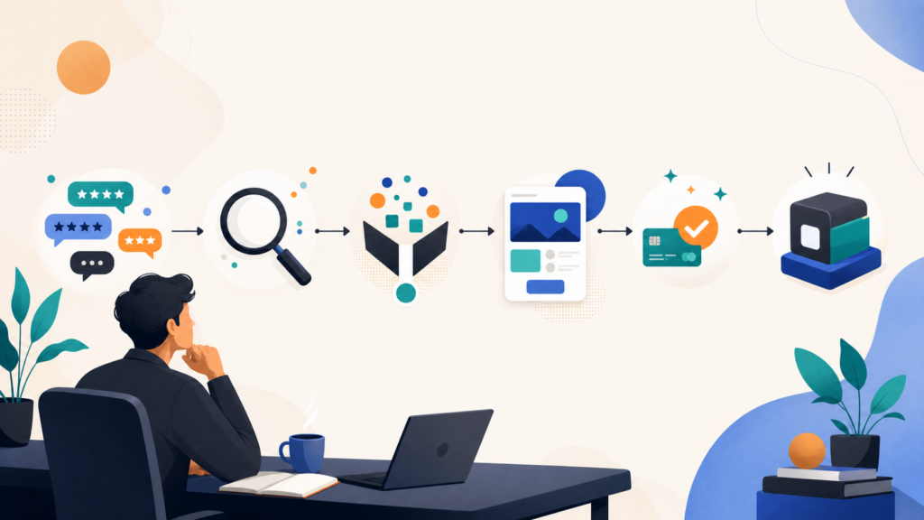 Illustration of a six-step SaaS idea validation process, from customer complaints to a focused product.