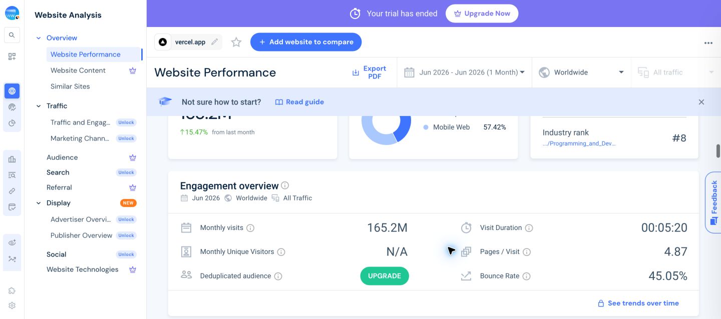 Similarweb Website Performance view for vercel.app with the Search report entry point shown in the sidebar.