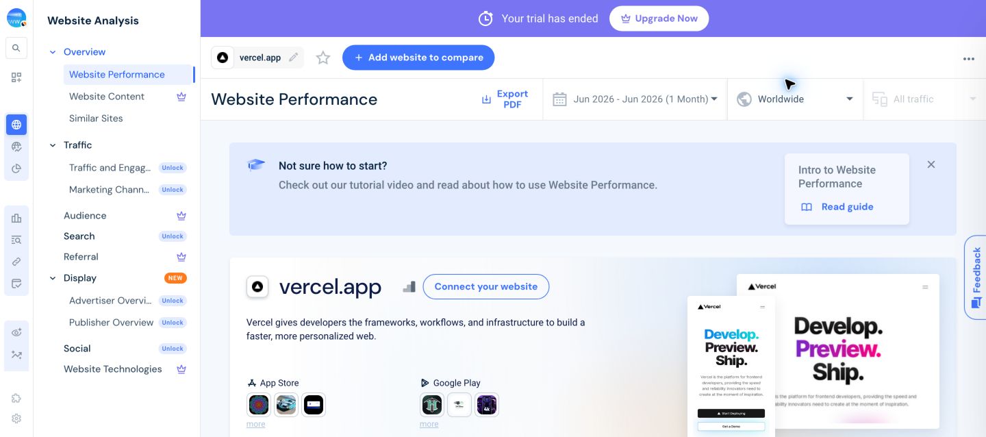 Similarweb Website Performance report for vercel.app with subdomains included.