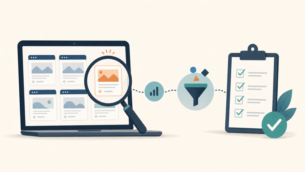 Illustration of a SaaS opportunity research workflow from website signals to a validated checklist.
