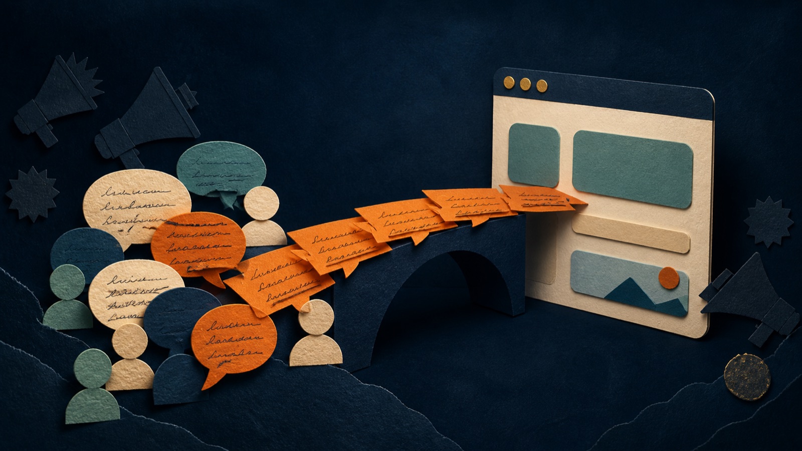 Illustration of useful community comments forming a bridge to a product