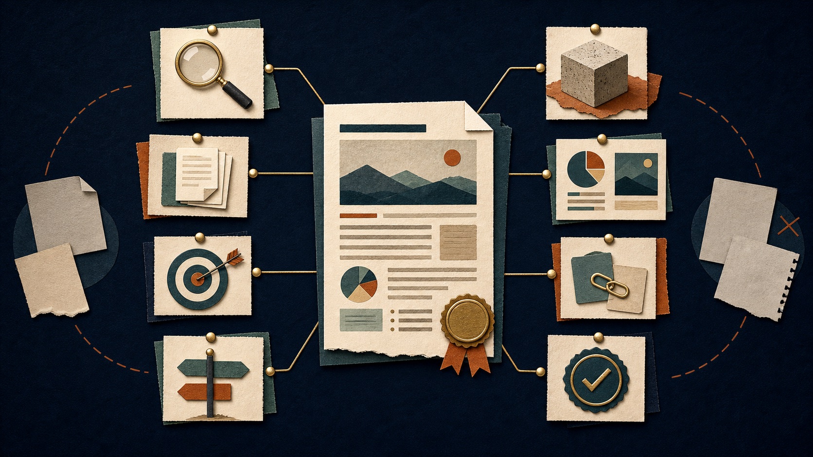 An editorial quality-check diagram connecting research, sources, intent, examples, site links, visual proof, and fact checking around a well-supported article.