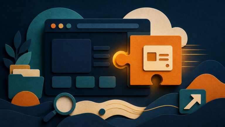 Paper-cut browser window with a puzzle-piece extension layer, search, and workflow symbols.