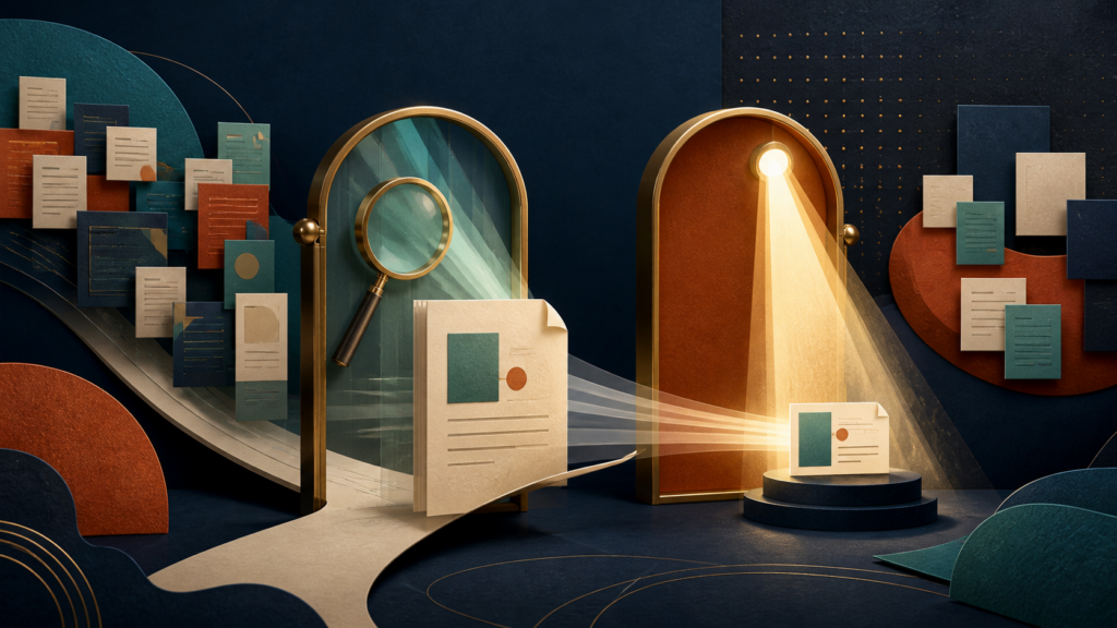 An editorial illustration of a web page moving through retrieval and citation gates.