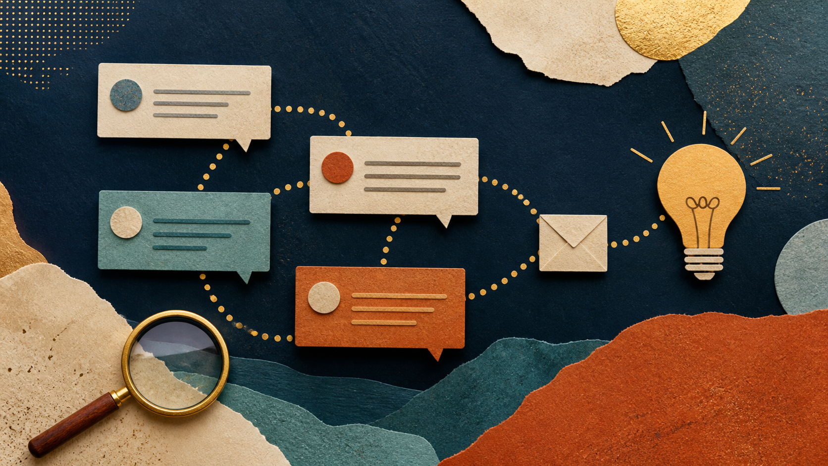 Abstract community messages connected to an envelope and a lightbulb.