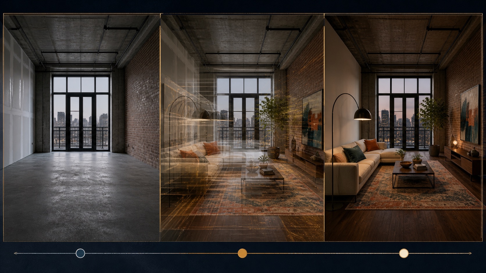 A three-stage illustration showing an empty room, too many furnishings appearing at once, and an early static completed room.