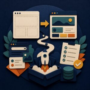 Modular SaaS foundation moving from a blank interface to a launched product.