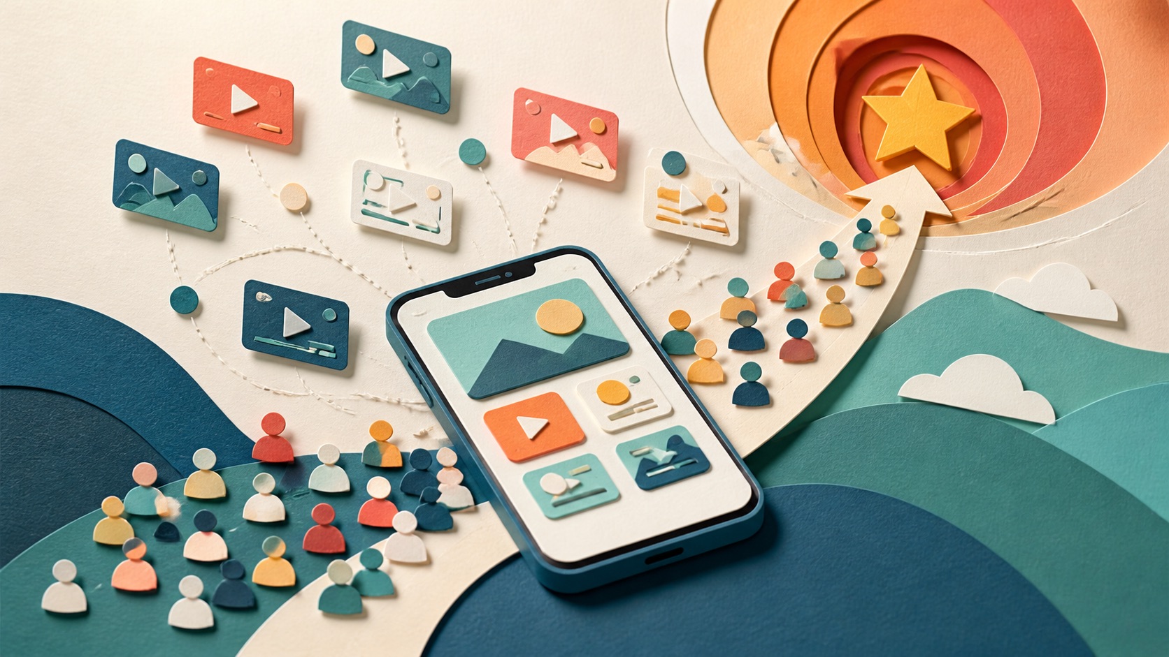 Paper-cut smartphone connected to audience groups, creator cards, and an upward distribution path.