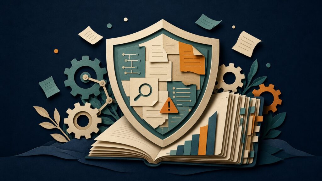 Layered documents and gears forming a protective SaaS knowledge moat