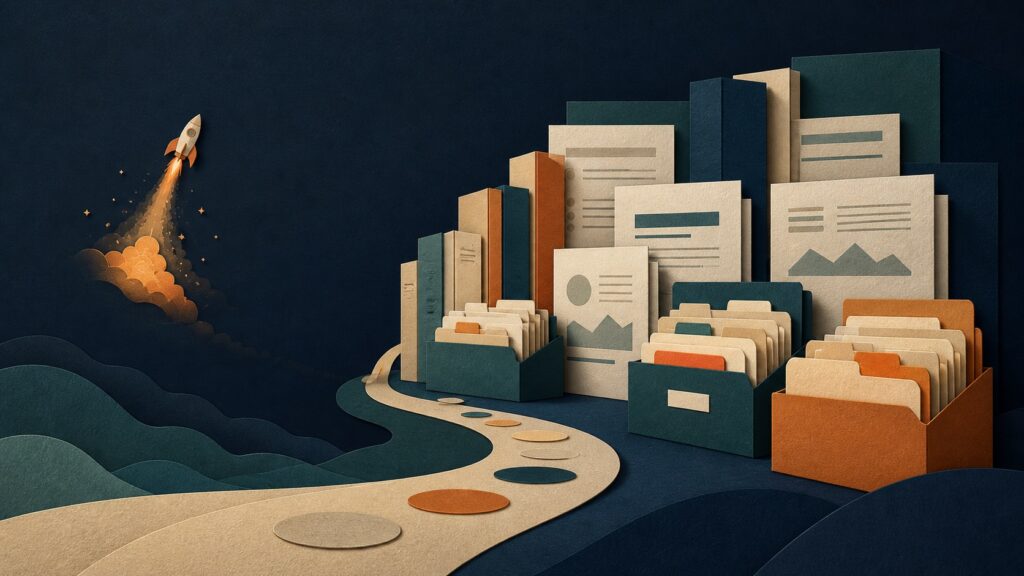 Paper rocket launching beside an organized library of SaaS launch assets