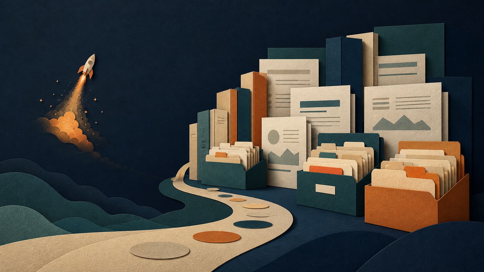 Paper rocket launching beside an organized library of SaaS launch assets