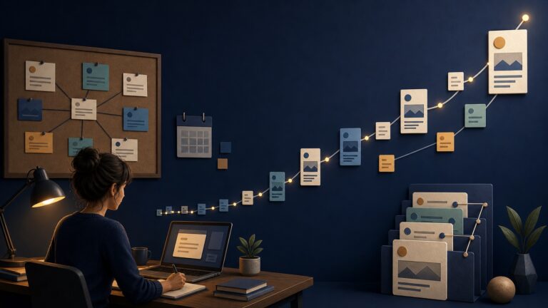 One-person content system turning topic ideas into compounding search growth