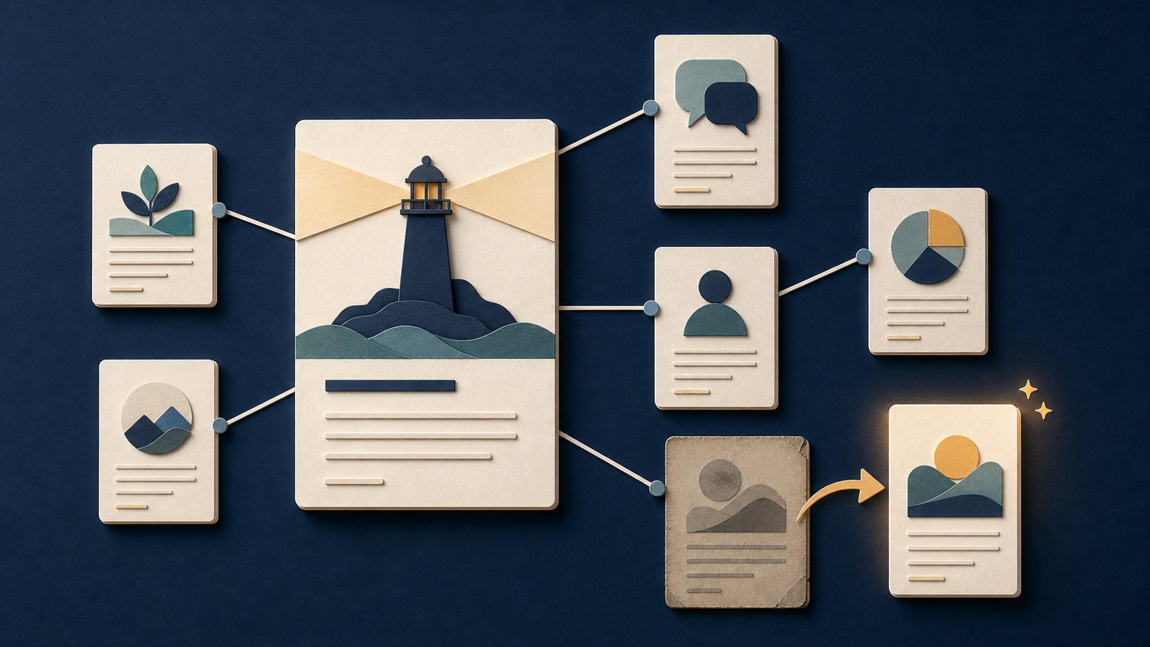 Connected content library with a pillar guide, supporting articles, and refreshed content