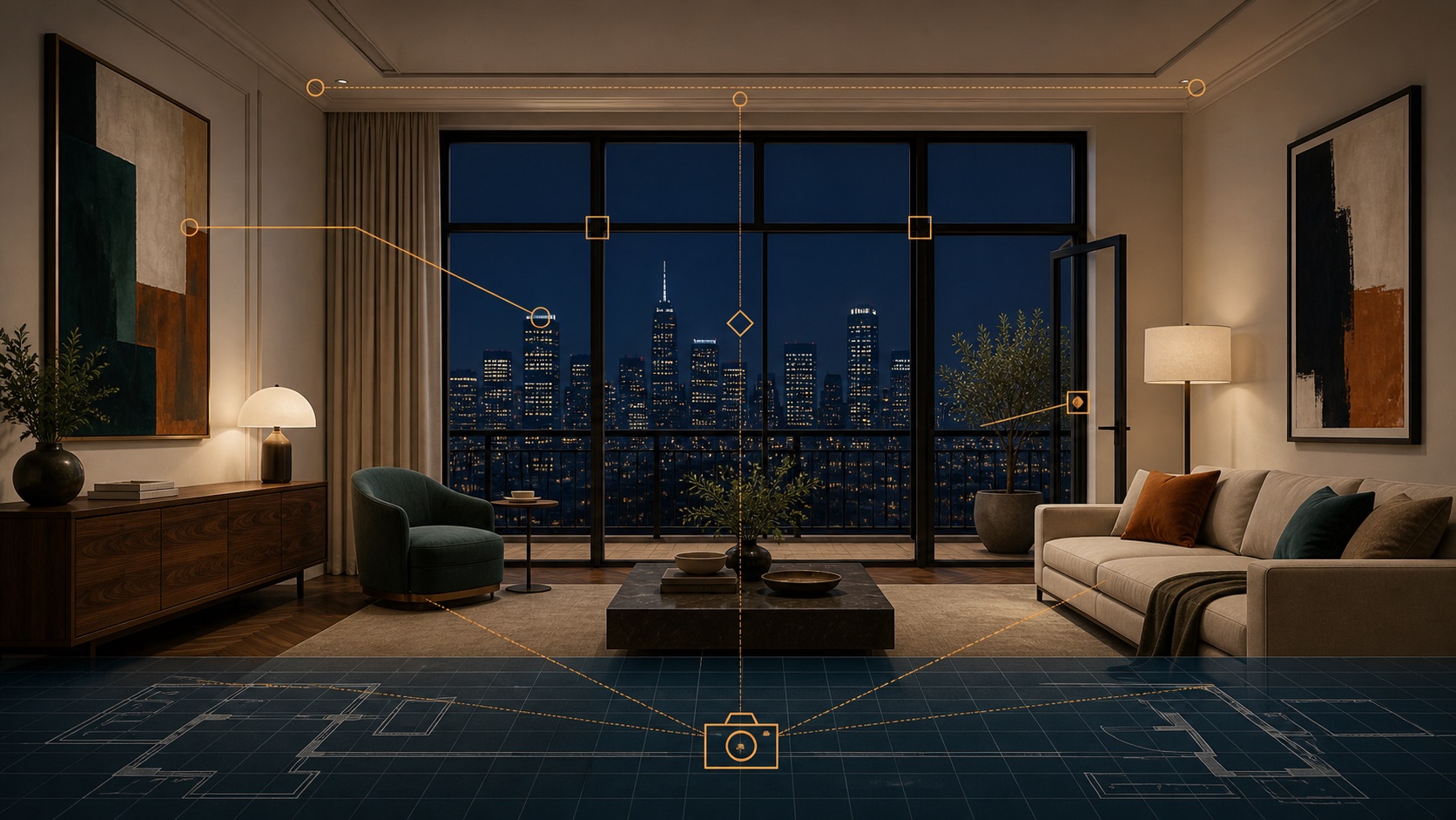 A finished apartment interior with the window grid, doorway, skyline, ceiling line, and locked camera viewpoint highlighted.