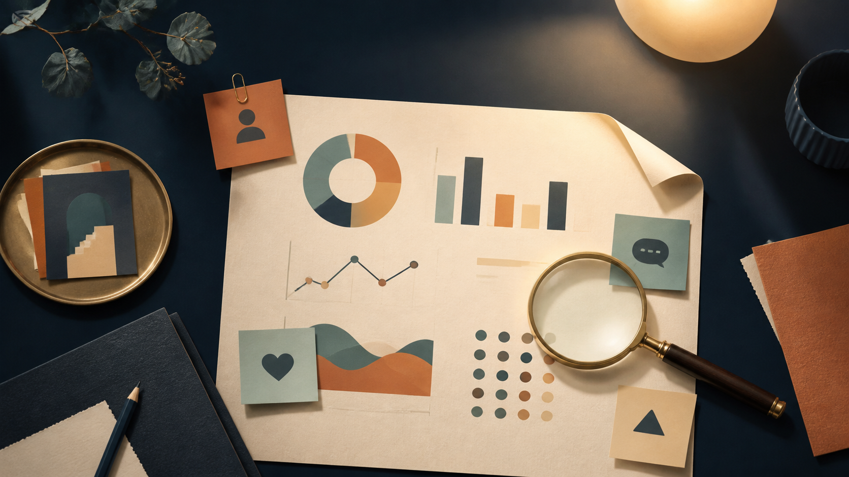 A research brief with abstract charts, notes, and a magnifying glass on a desk.