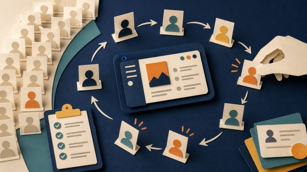 Individual customer cards moving through a hands-on SaaS first-use testing loop.