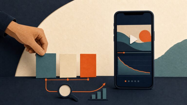 Editorial illustration of testing short-form video hooks with a smartphone, cards, and analytics