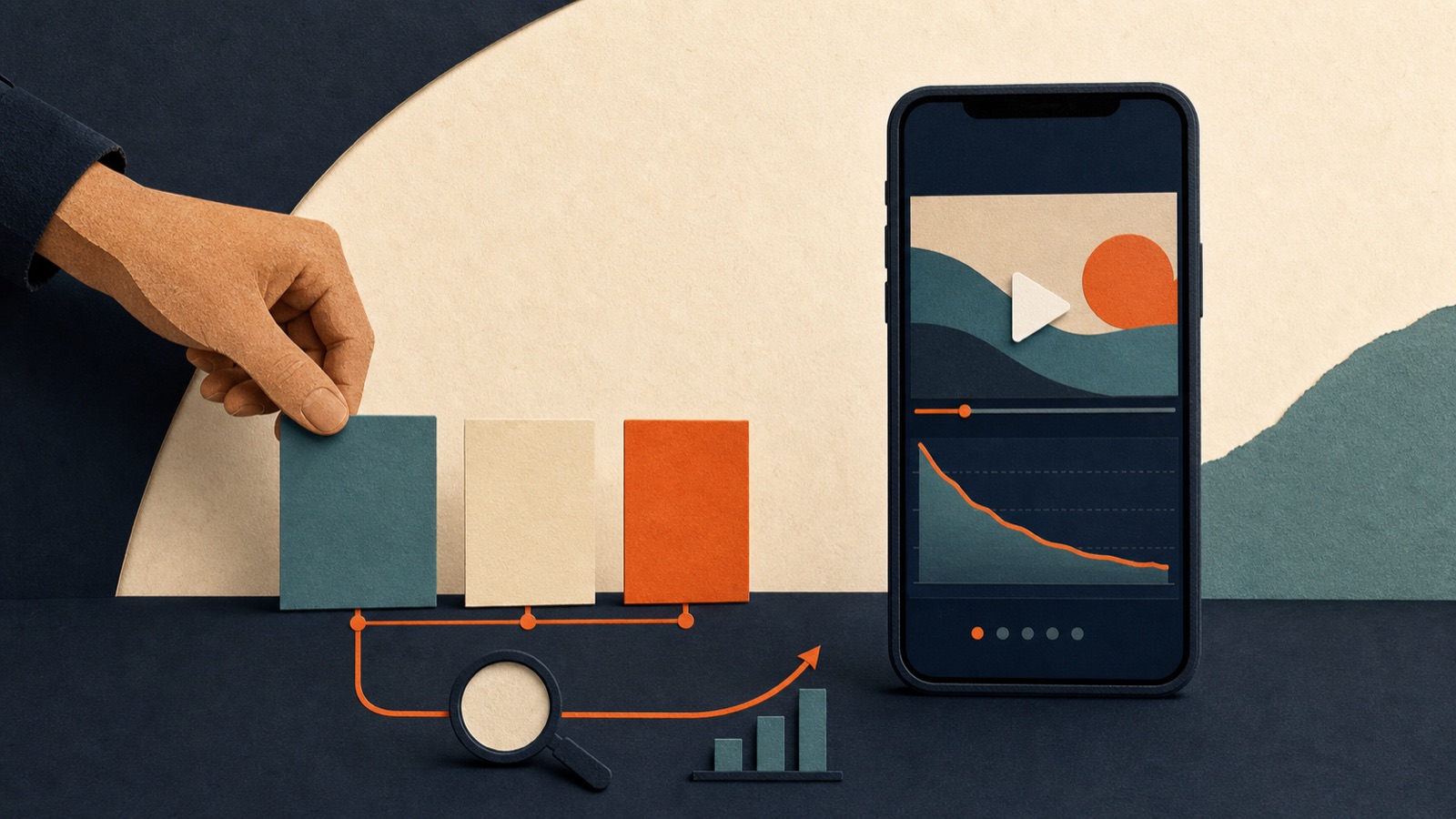 Editorial illustration of testing short-form video hooks with a smartphone, cards, and analytics