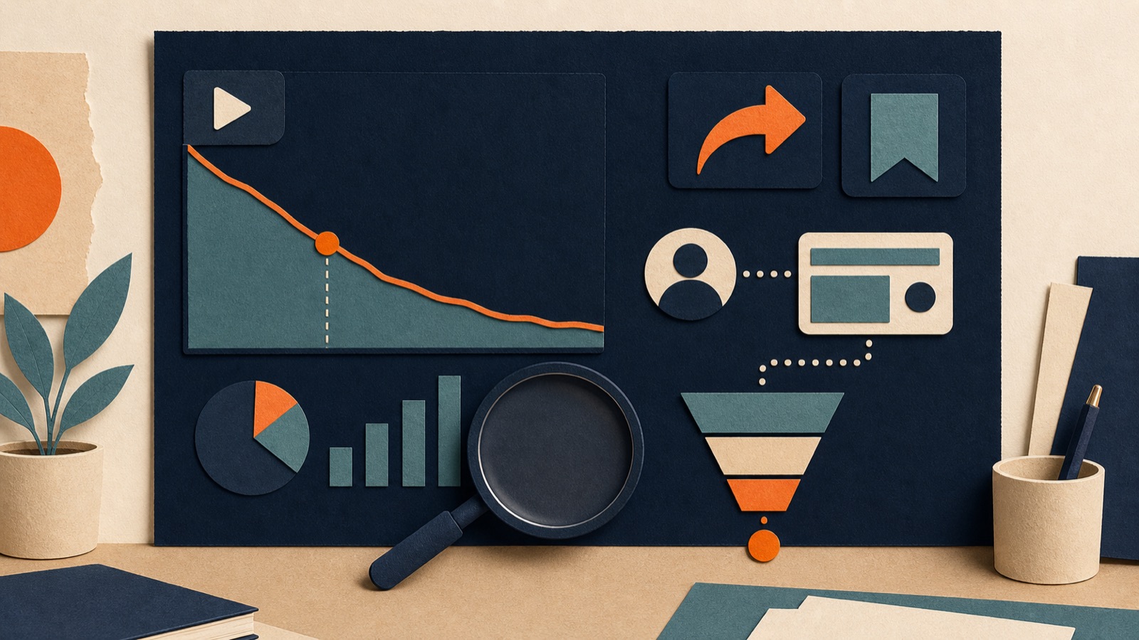 Short-form video analytics board with retention curve, shares, saves, profile path, and conversion funnel