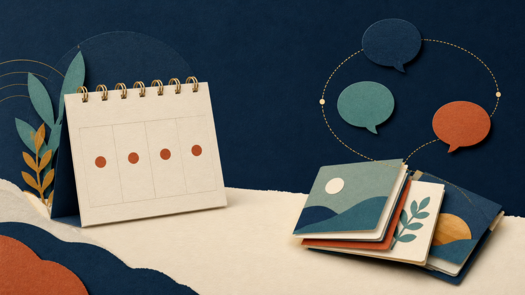 An editorial illustration of a calm weekly publishing rhythm and content cards.
