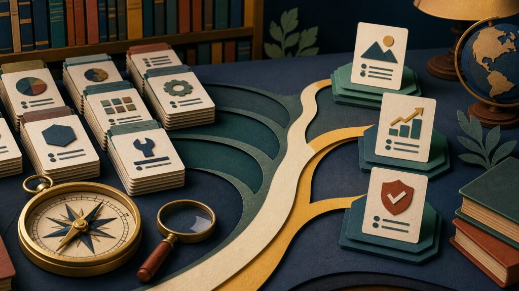 Paper-cut comparison cards, compass, magnifying glass, and selected decision paths on a desk.