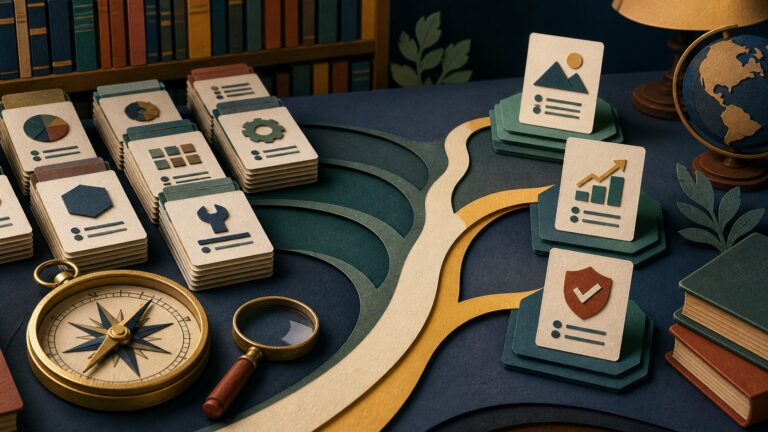 Paper-cut comparison cards, compass, magnifying glass, and selected decision paths on a desk.