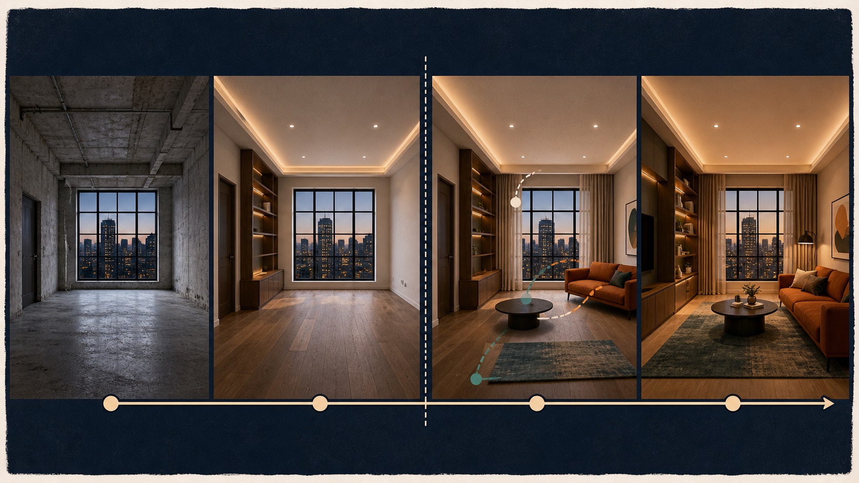 A four-stage apartment transformation showing an empty shell, finished surfaces, furnishing, and the final styled room in two connected clips.