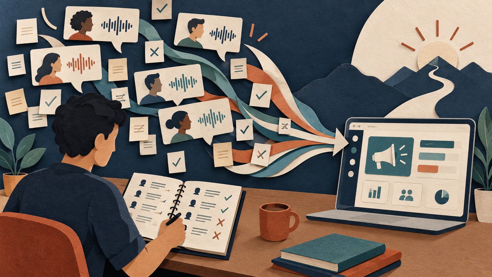 Customer interview notes converge on a short-form video approval workflow and then flow to social publishing channels.