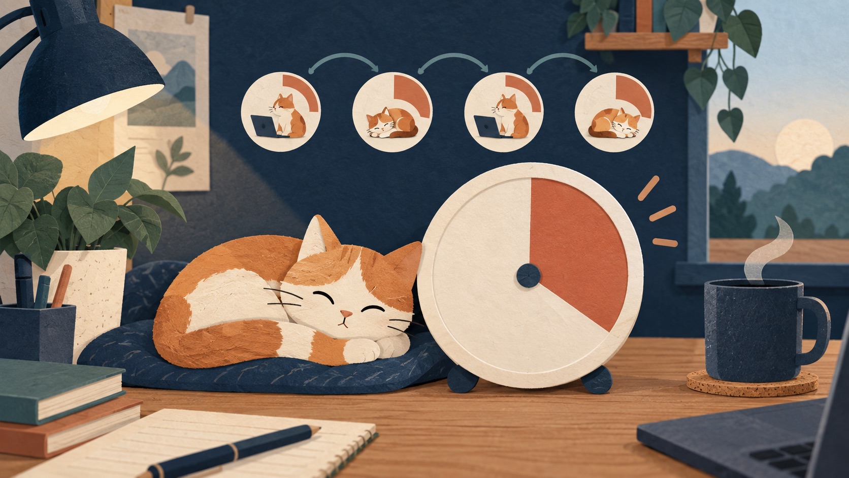 A focus timer leads to a cat companion and a small reward, illustrating Cat on Chair's completion loop.