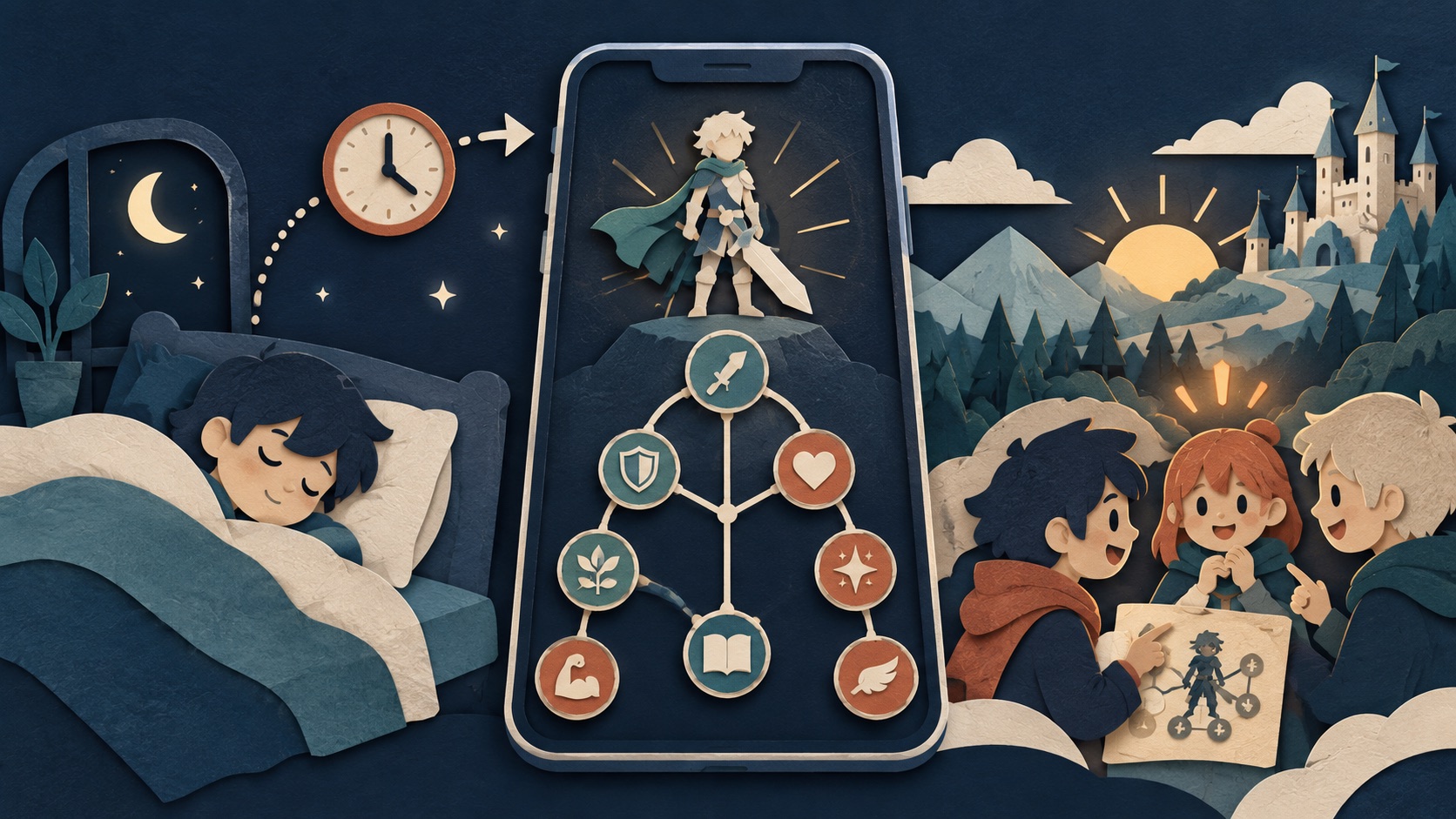 An idle RPG skill tree continues progressing on a phone while a player is away