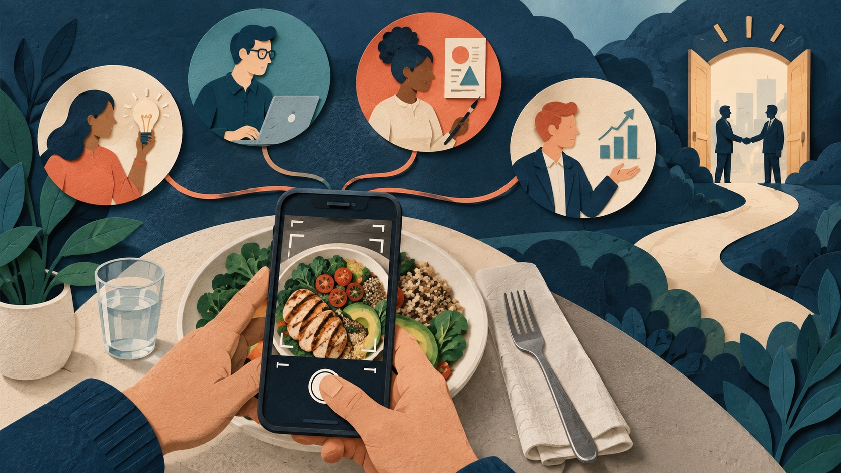Four complementary founder roles surround a photo-based meal logging app and acquisition path