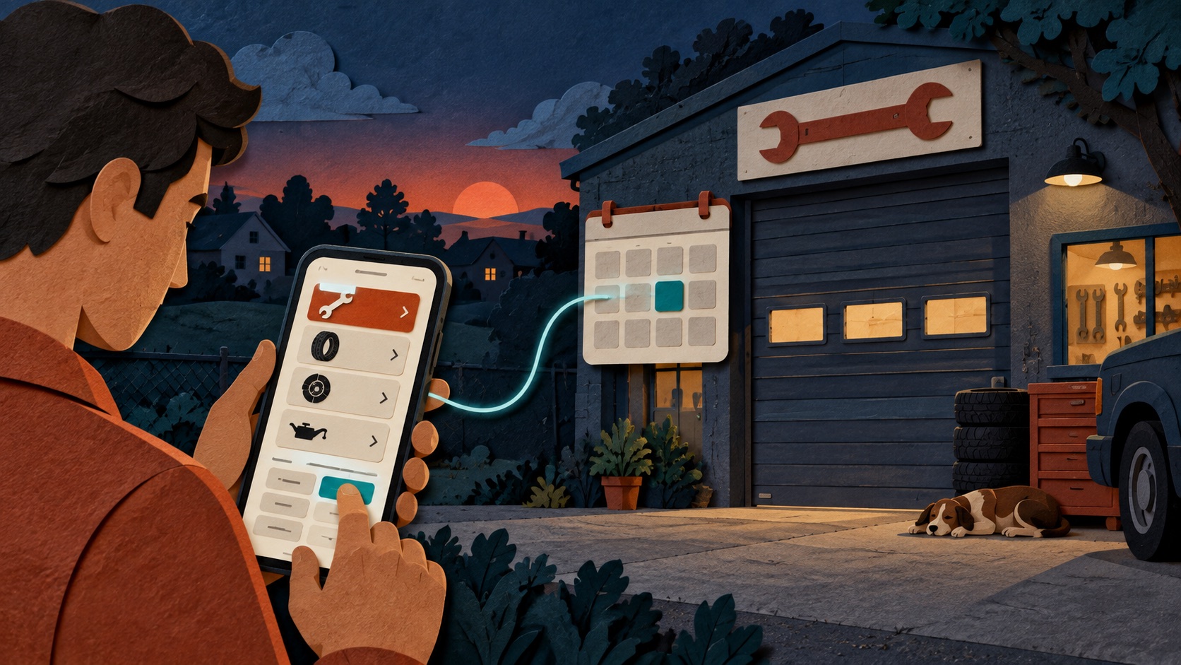 A customer books an after-hours service through a visual form connected to a local workshop calendar