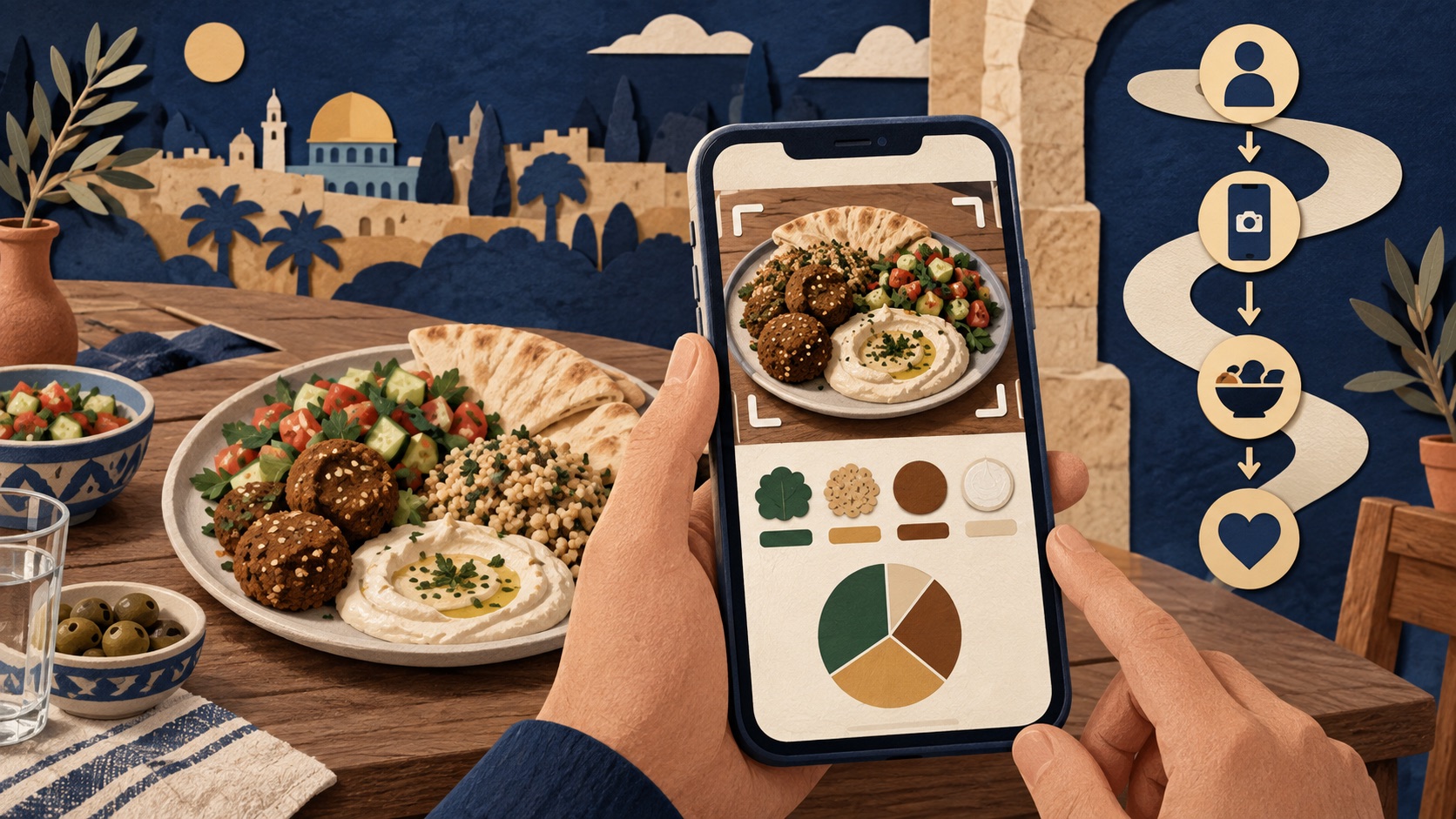 A meal photograph becomes a Hebrew-language calorie estimate beside a paid-acquisition funnel