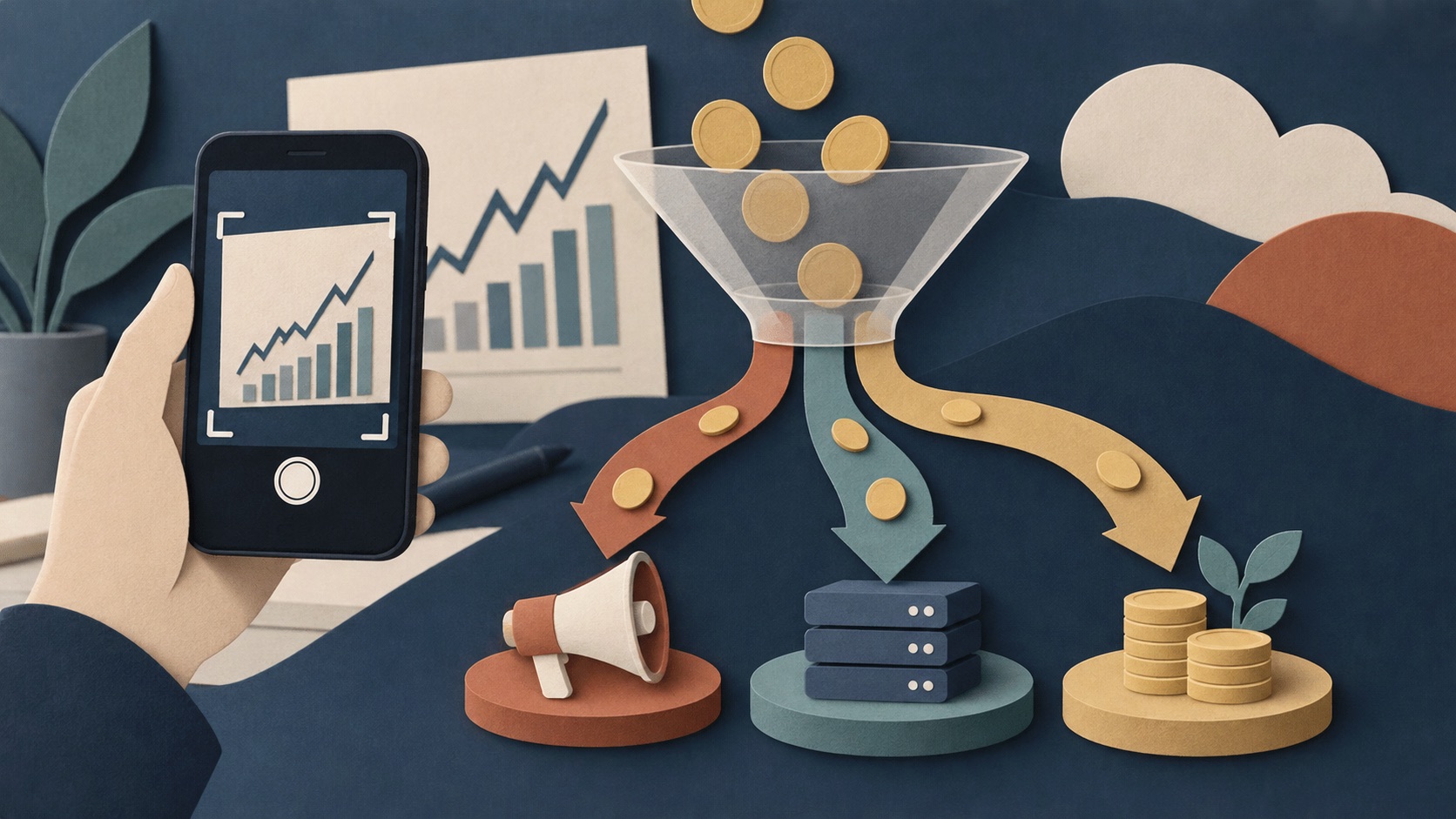An app subscription funnel separates reported revenue, advertising cost, and profit