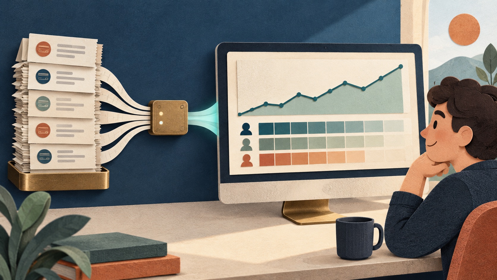 Existing transaction records flow into a connected dashboard that is already populated with historical trends and customer cohorts.