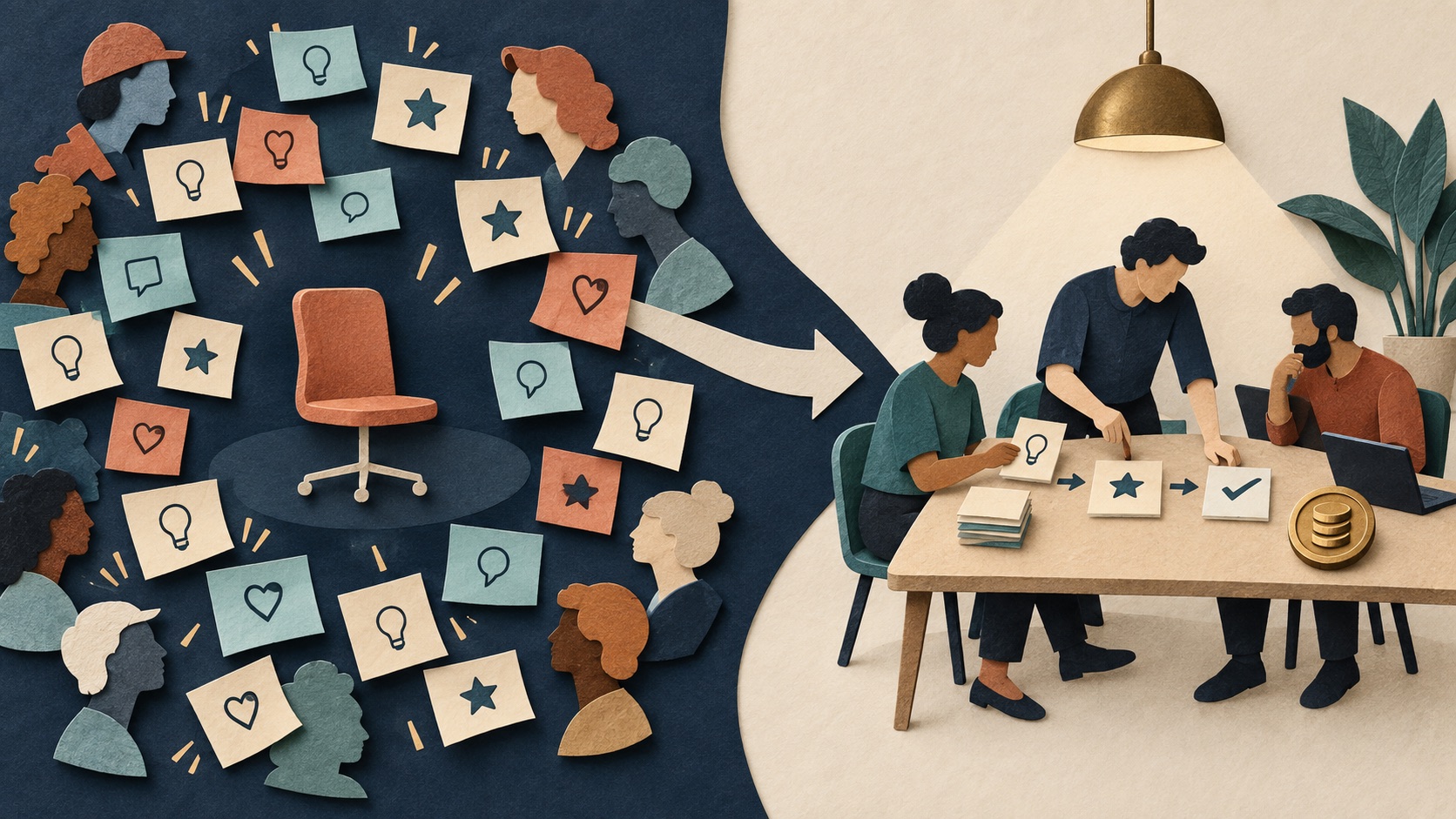 Many free user ideas surround an empty decision-maker's chair; a product team on the other side prioritizes feedback as a paid workflow.