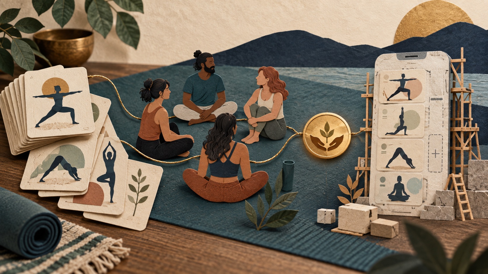 Yoga-sequencing cards and an existing community connect by a gold thread to a partly built mobile app and a payment token.