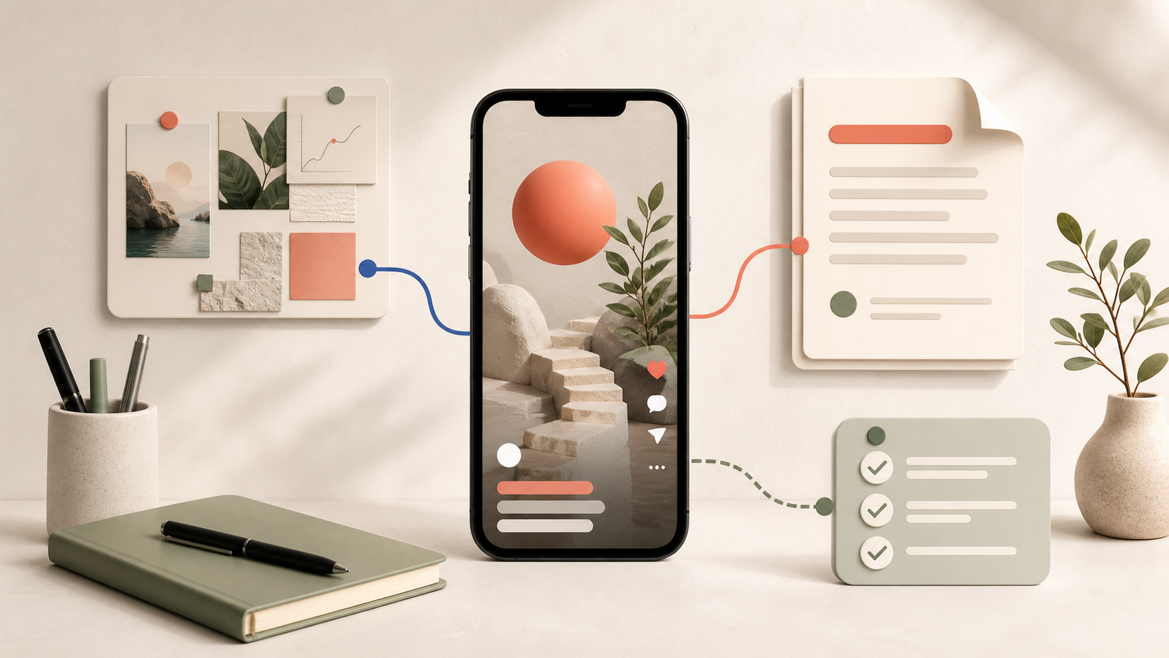 A smartphone video frame connected to a visual research board, script document, and review checklist for an original AI-assisted YouTube Shorts workflow.