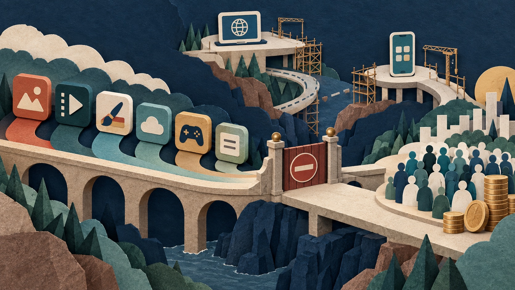 Several different app tiles share one blocked platform gate while separate web and mobile routes are still being built.