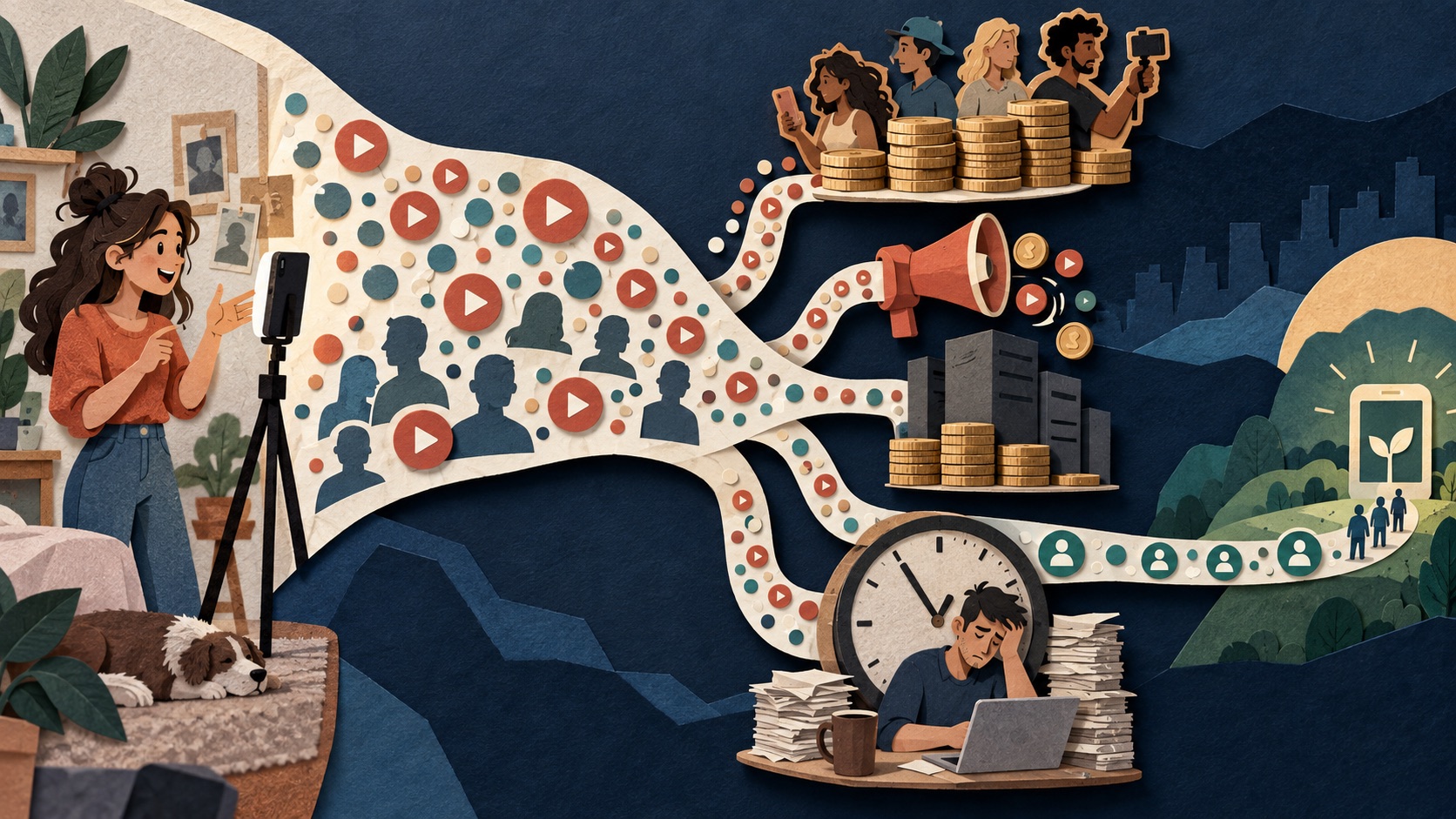 A creator video draws many views, but only a narrow stream reaches paying users after costs and founder time branch away.