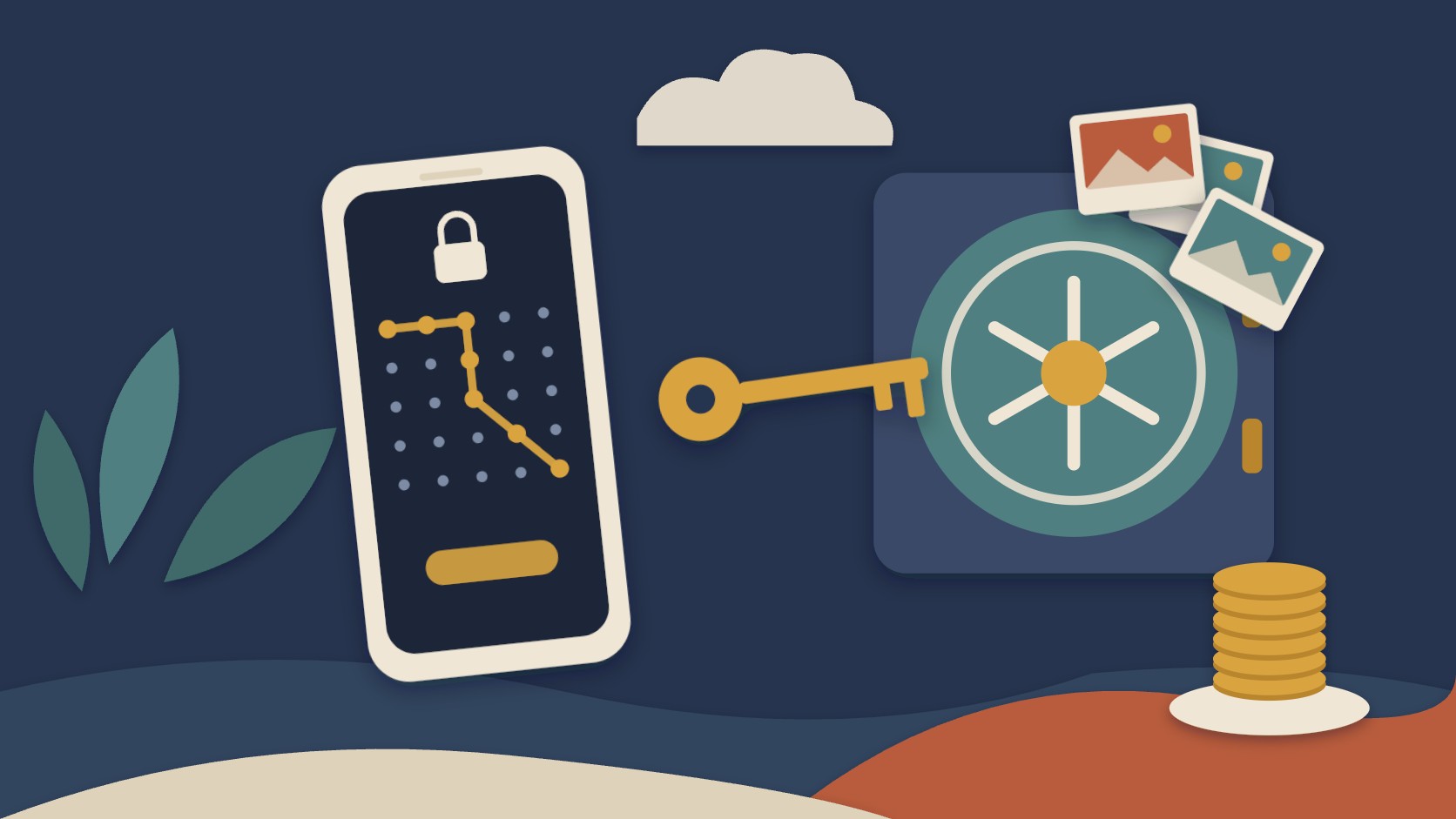Paper-style illustration of a phone pattern lock turning into a key that opens a photo vault, with a stack of coins beside it